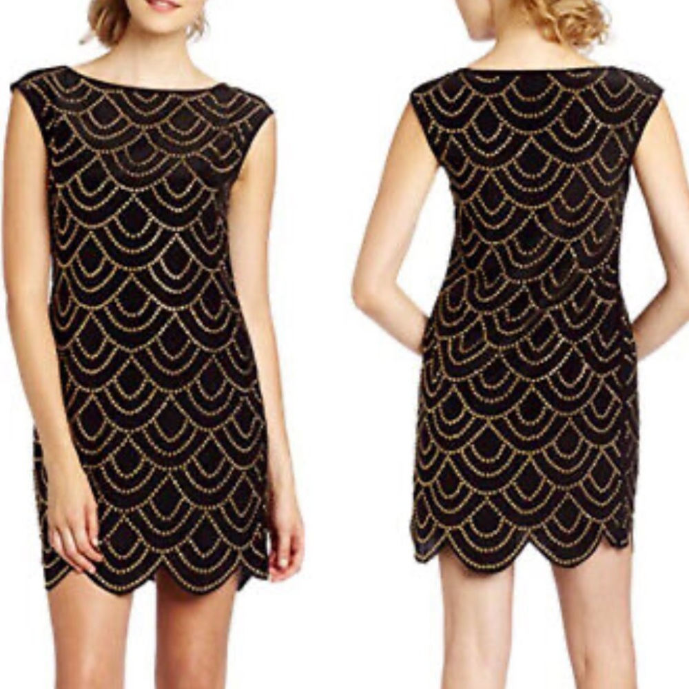 Trina Turk Rindra Gold Studded Silk Mini Shift Dress | Size 4 | Black/Gold